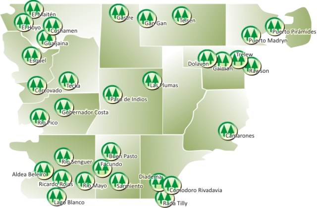 Distribución geográfica de las Cooperativas de Servicios Pùblicos en la Provincia del Chubut, Argentina.